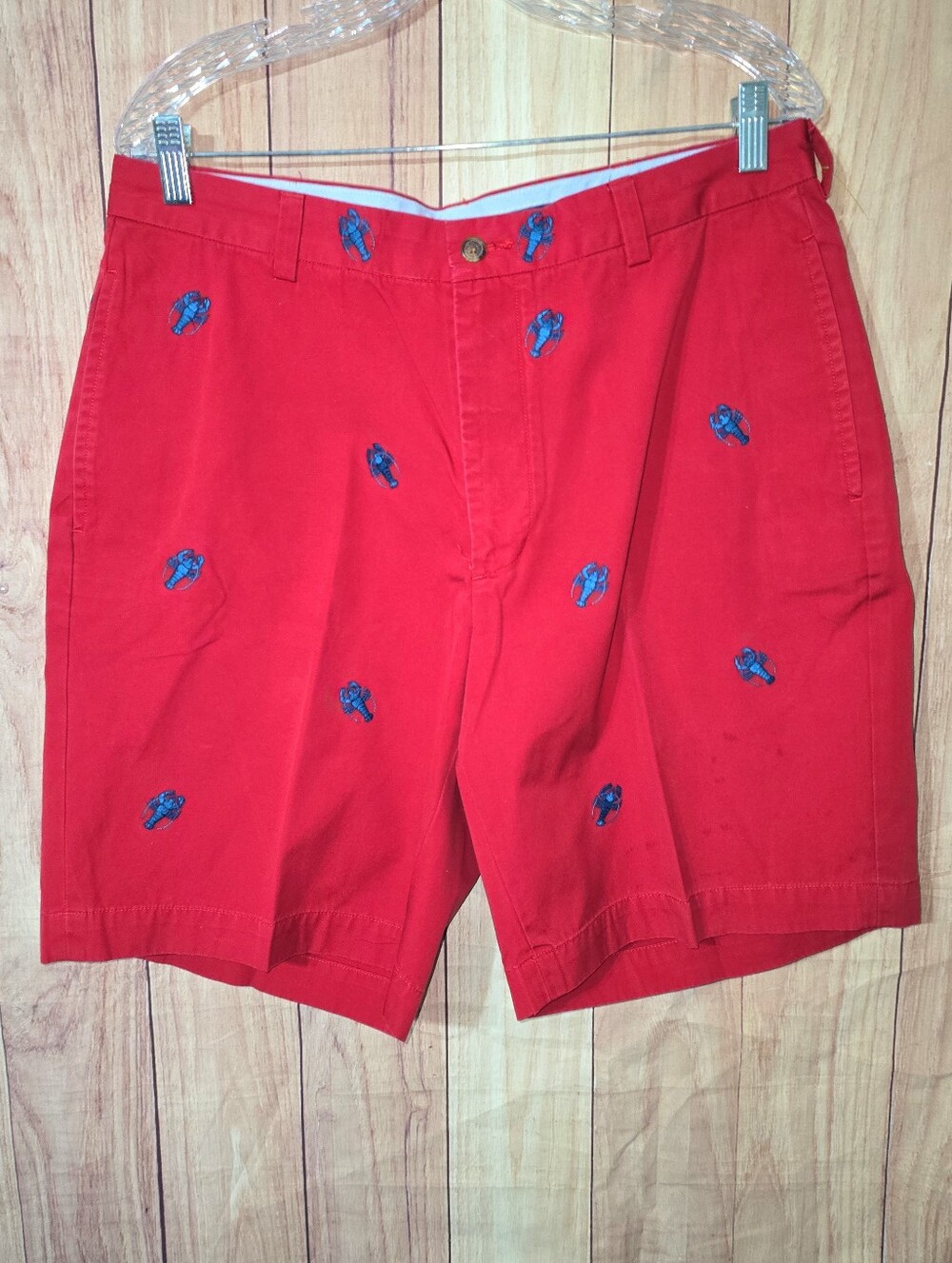 Brooks Brother Shorts Flat Front Red with Navy Blue Lobster Embroidery Size 35